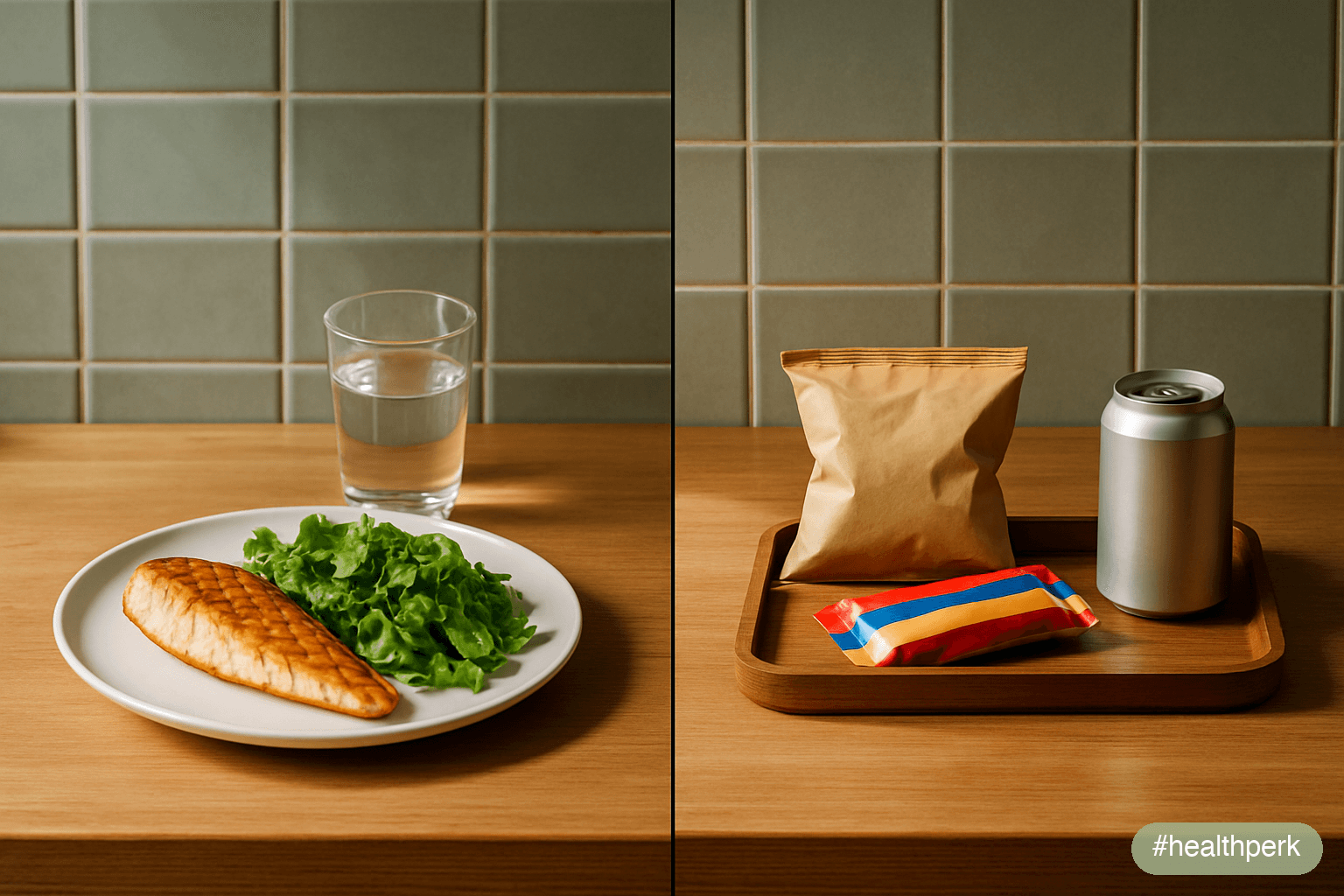 Photo of a kitchen counter showing a deliberate contrast — a plate of grilled fish and salad on one side, and a tray of ultra-processed snacks, sugary drinks, and pastries on the other — illustrating