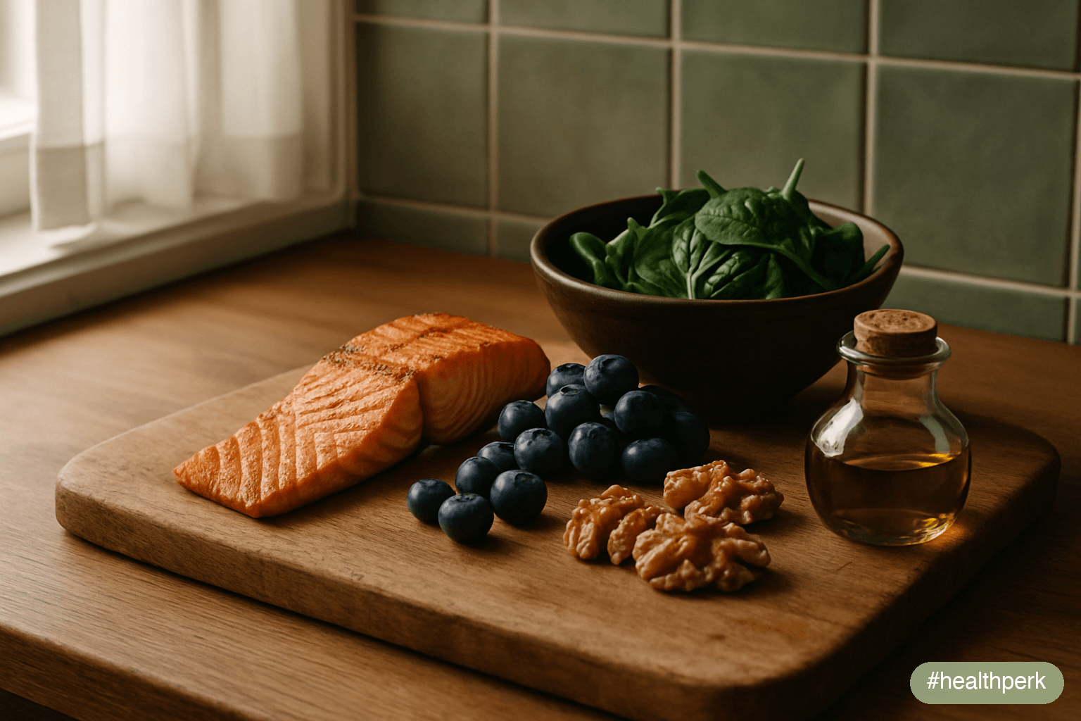Photo of a wooden cutting board with grilled salmon, a handful of blueberries, a bowl of spinach salad, walnuts, and a small jar of extra-virgin olive oil arranged around a notebook, illustrating food