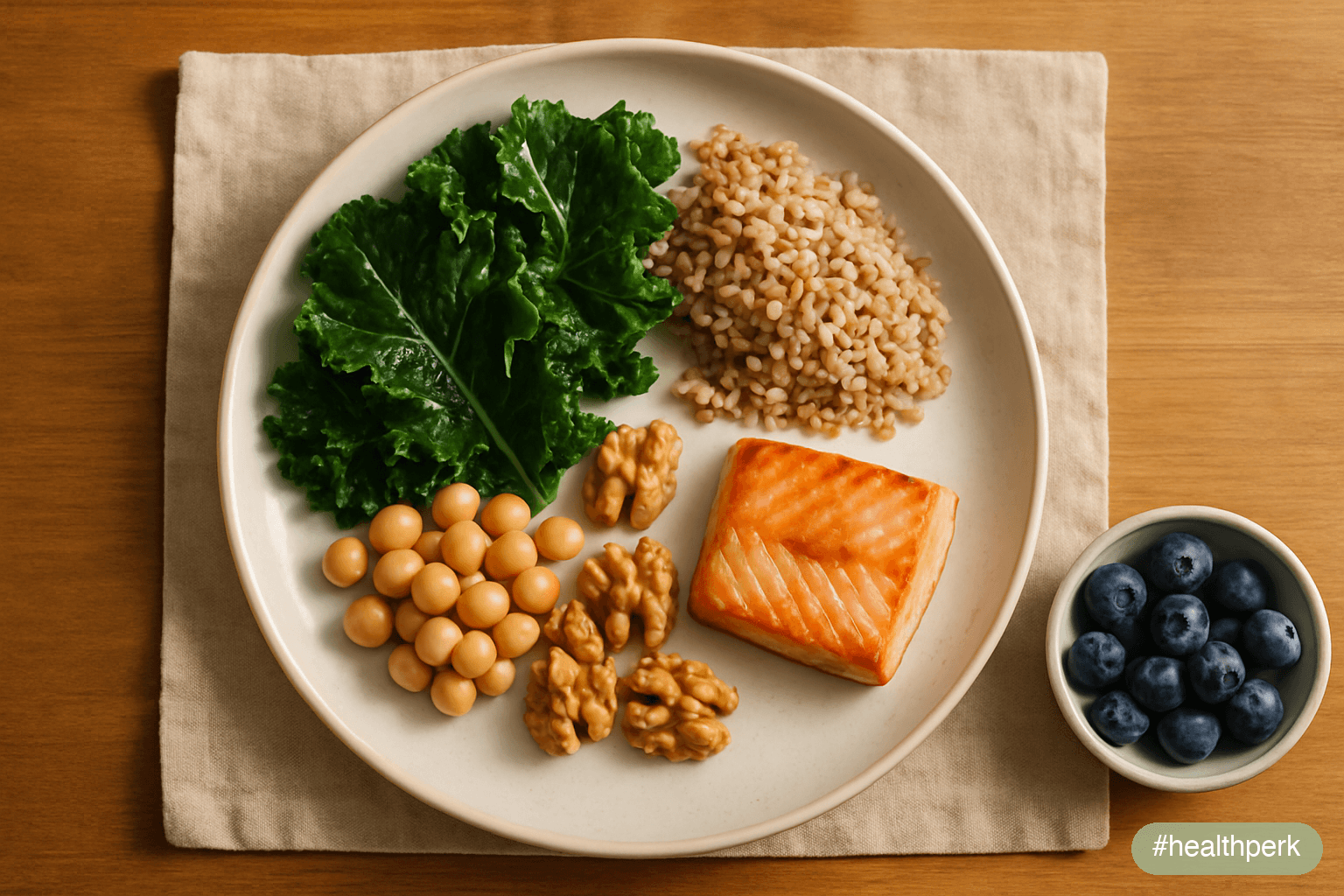 Illustration of a plate divided into quadrants — leafy greens, whole grains, legumes/nuts, and a small portion of fatty fish — with a small bowl of berries beside it and a drizzle of olive oil over th