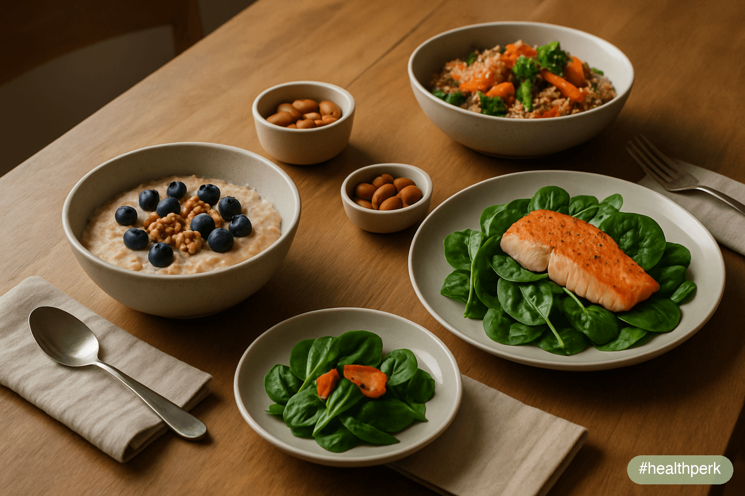 Photo of a typical day's brain-healthy meals — oatmeal with berries and walnuts for breakfast, a spinach salad with grilled salmon for lunch, a small handful of almonds as a snack, and a quinoa-and-ve