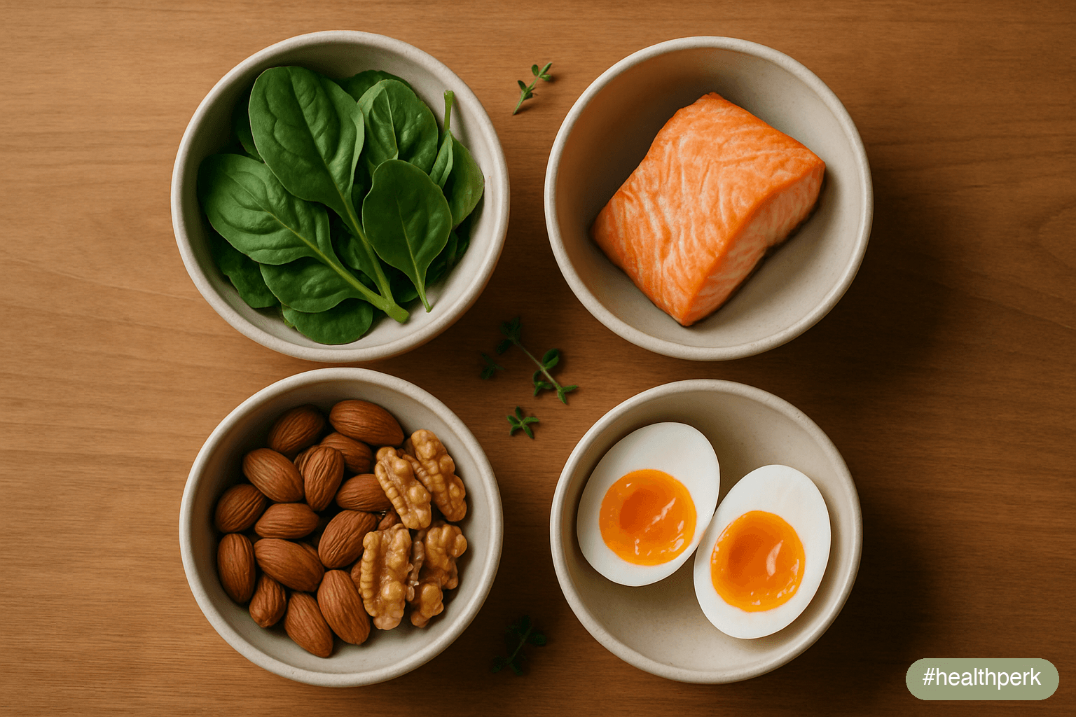 Photo of small bowls of food sources for key brain vitamins — a bowl of spinach for folate, a bowl of salmon for vitamin D and B12, a bowl of mixed nuts for vitamin E, and an egg for choline — arrange