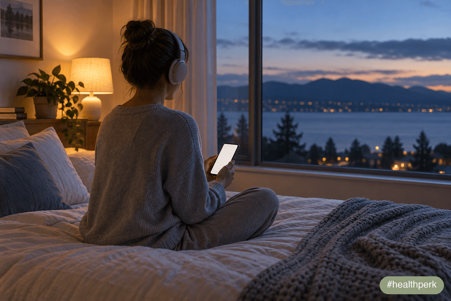 Person using a meditation app with headphones in a calm bedroom at dusk, choosing between Calm vs Headspace
