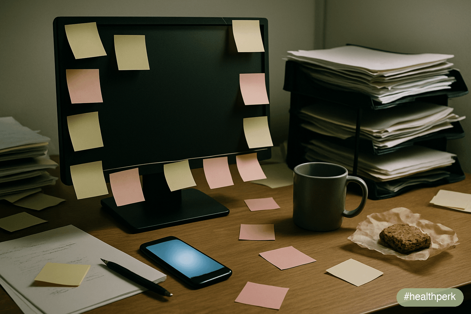 Photo of a typical knowledge-worker desk with multiple open browser tabs, an active chat notification, a phone face-up, and a coffee cup — illustrating can't focus at work causes that are environmenta