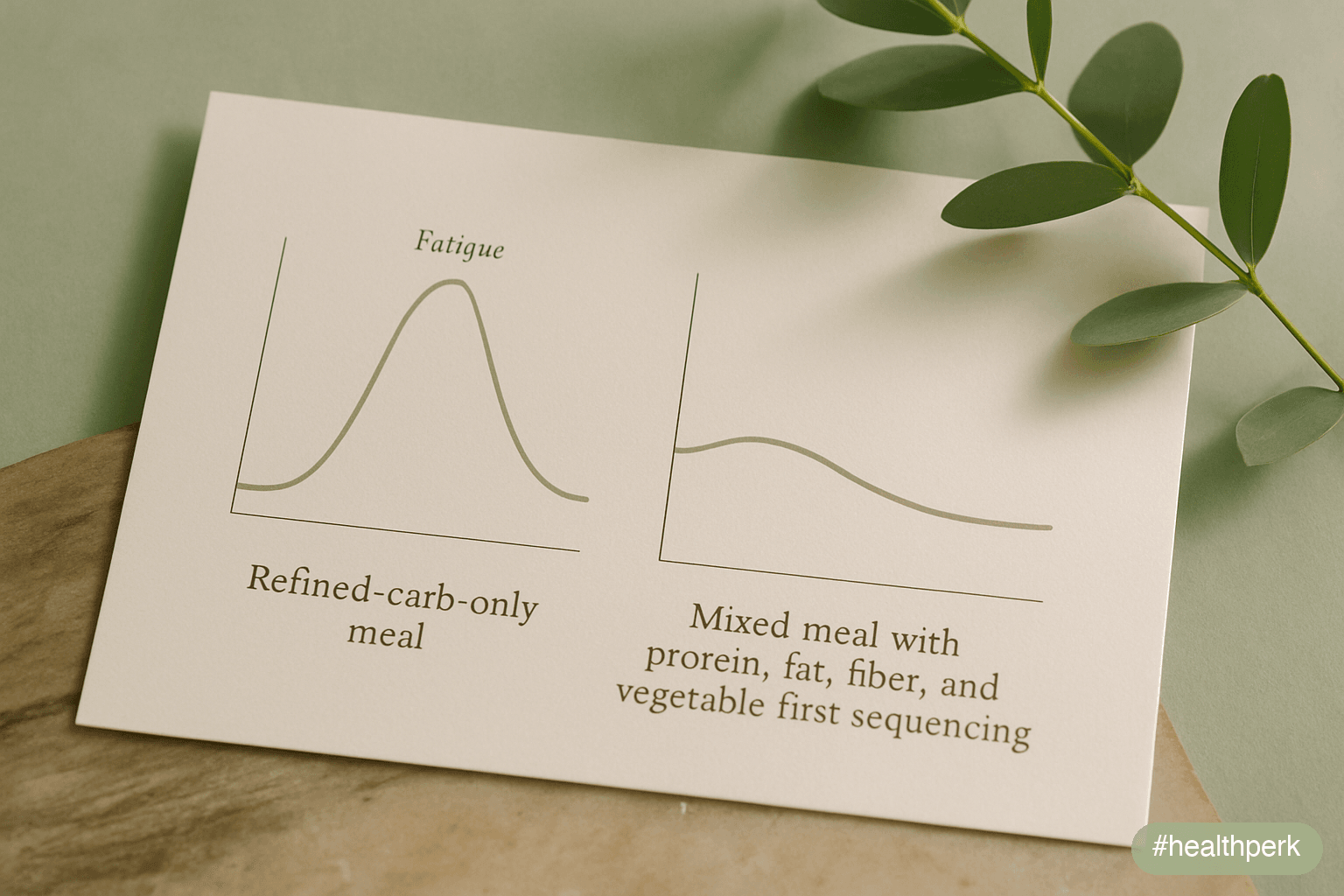 Side-by-side line graphs showing glucose response after a refined-carb-only meal versus a mixed meal with protein, fat, fiber, and vegetable-first sequencing — illustrating fatigue after eating carbs and how meal composition flattens the curve.