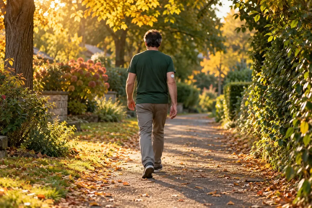 A man in a green T-shirt, seen from behind, walks along a leaf-covered suburban path in golden evening light with a small white sensor on the back of his upper arm