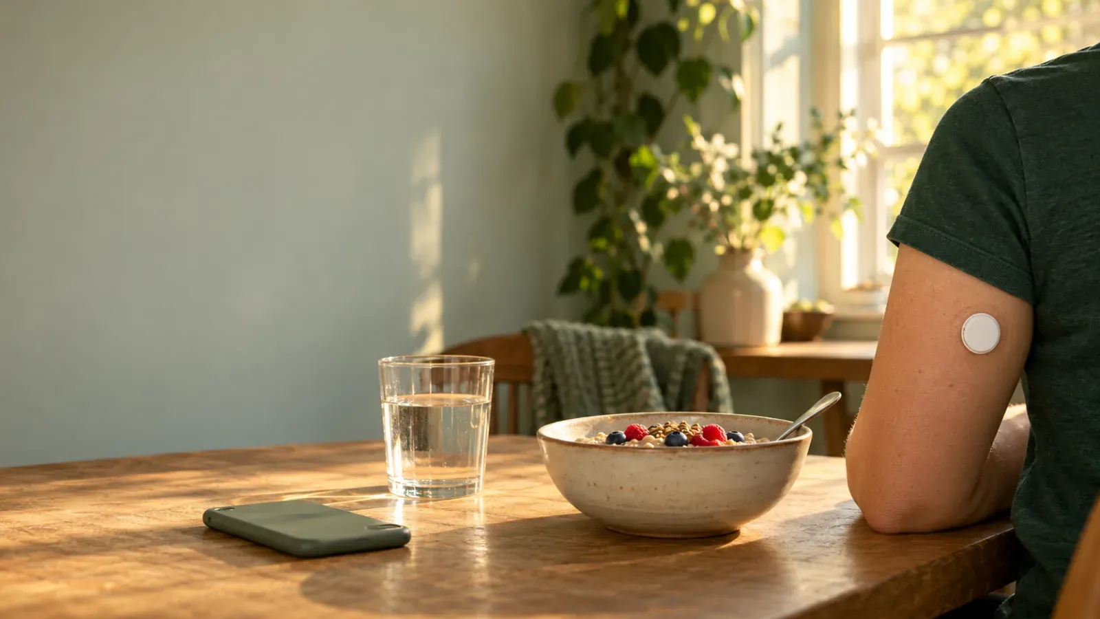 The back of an upper arm in a dark green T-shirt sleeve with a small white round sensor, next to a bowl of oatmeal with berries, a glass of water and a phone lying face down on a sunlit wooden table