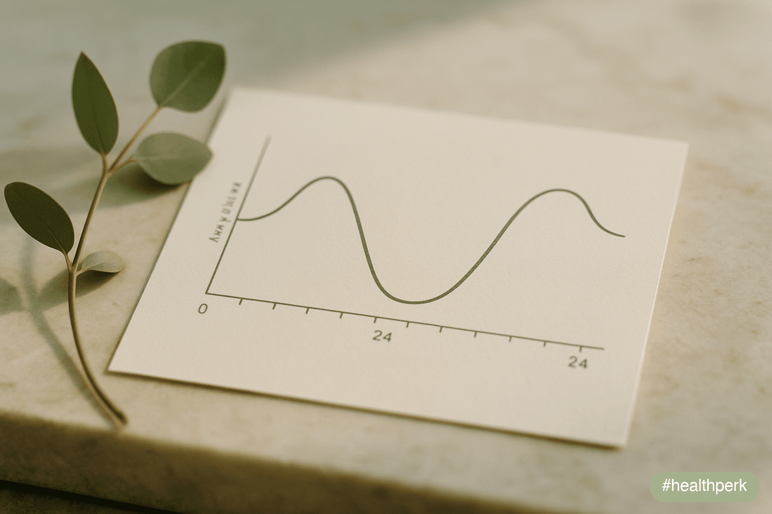 Line graph of a 24-hour circadian alertness curve, with morning peak, the characteristic post-lunch dip at hours 7–8 after waking, evening second wind, and overnight trough — illustrating the sudden drop in energy in the afternoon.