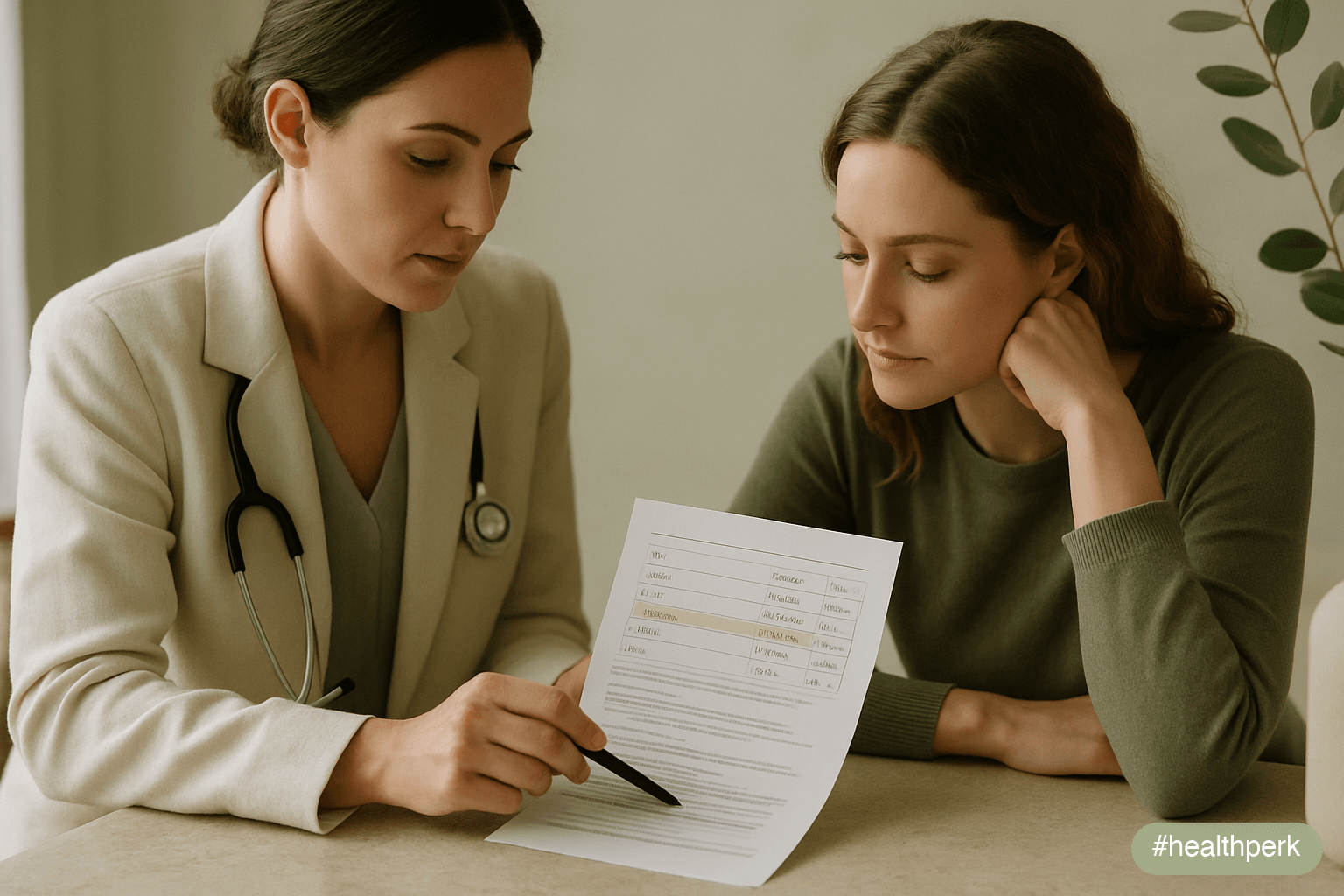Wide horizontal photo of a clinician seated next to a patient at a desk, pointing at a printed lab report with B12, ferritin, vitamin D, and TSH rows highlighted — illustrating B12 deficiency symptoms and fatigue and the broader workup that surrounds it.