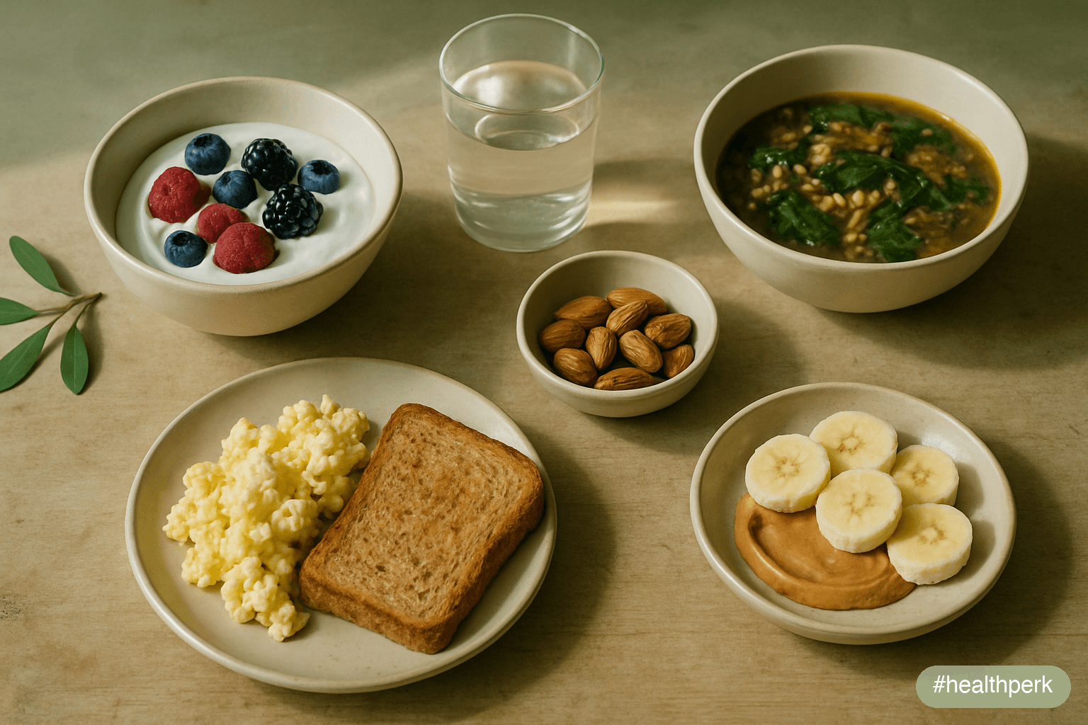 Wide horizontal overhead photo of a wooden table with portioned dishes of Greek yogurt with berries, a bowl of lentil and spinach stew, scrambled eggs with whole-grain toast, a glass of water, a handful of almonds, and sliced bananas with peanut butter — illustrating foods that increase energy fast and sustain energy all day.