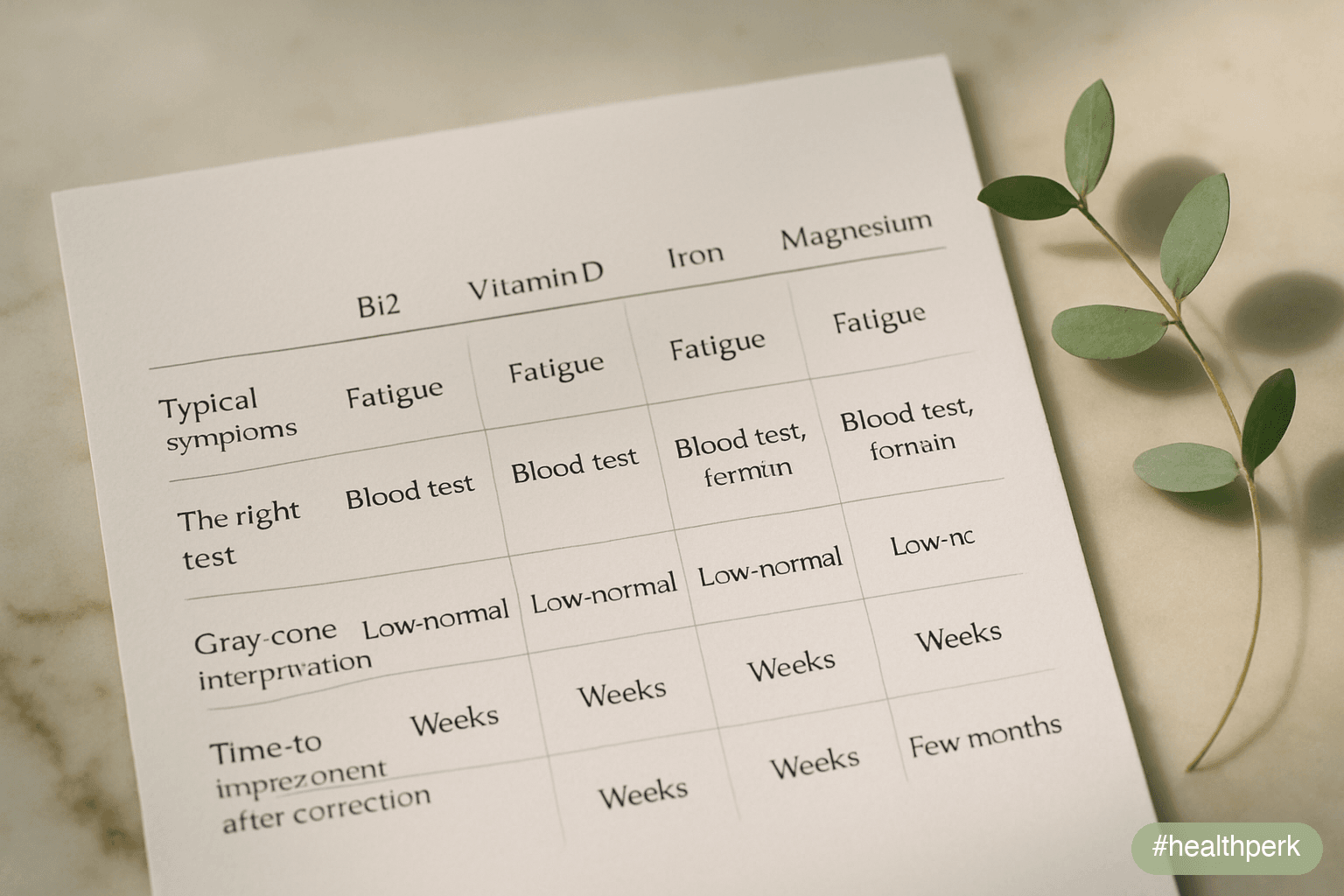 Clean comparison table with four columns (B12, vitamin D, iron, magnesium) and rows for typical symptoms, the right test, gray-zone interpretation, and time-to-improvement after correction — illustrating vitamin deficiency causing fatigue.