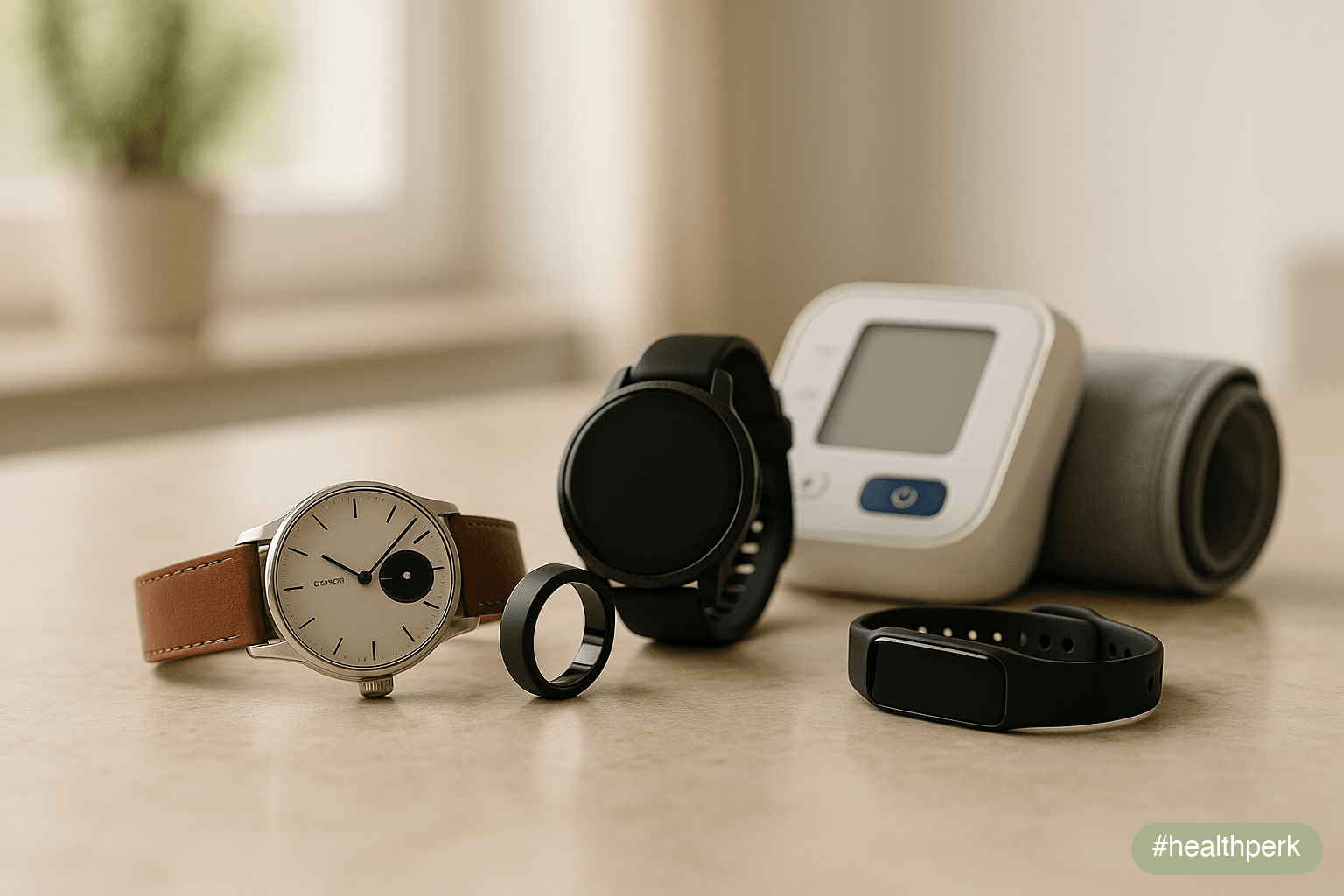 Comparison infographic showing sensor capabilities of five top smart health devices for monitoring, including heart rate, SpO2, ECG, temperature, and sleep staging