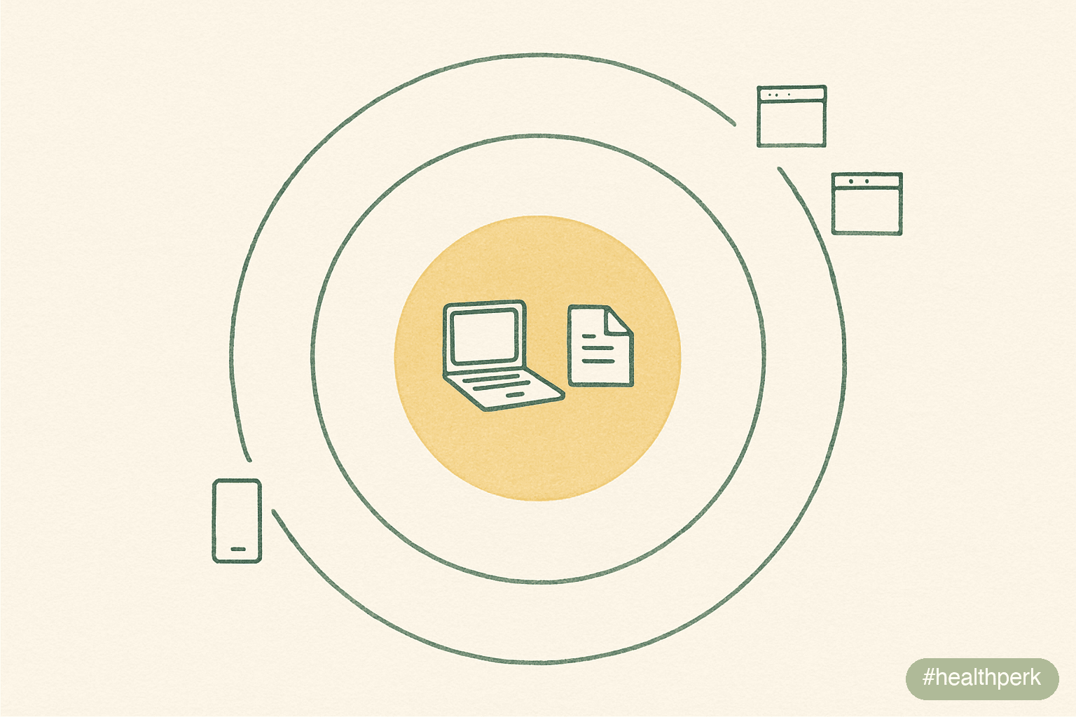 Illustration of a person at a desk with concentric rings around the workspace - phone outside the outer ring, browser tabs outside the middle ring, single document inside the inner ring - illustrating