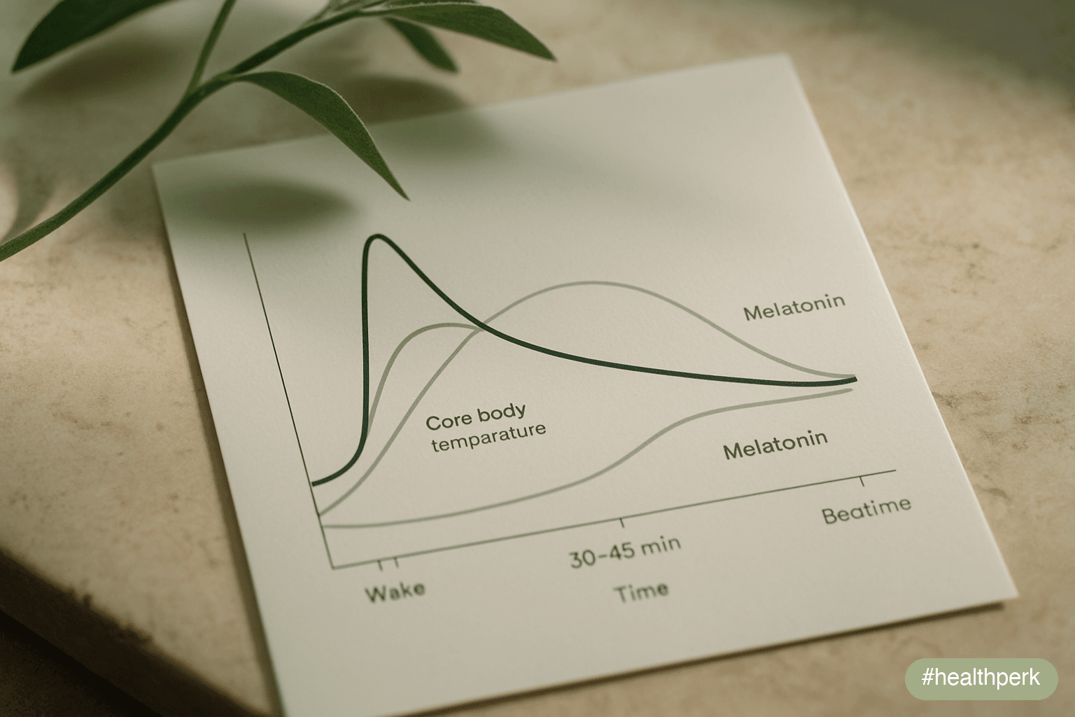 Line graph showing the cortisol awakening response peaking 30–45 minutes after waking and decaying through the day, overlaid with circadian core body temperature and melatonin curves — illustrating the physiological window a morning routine for high energy targets.