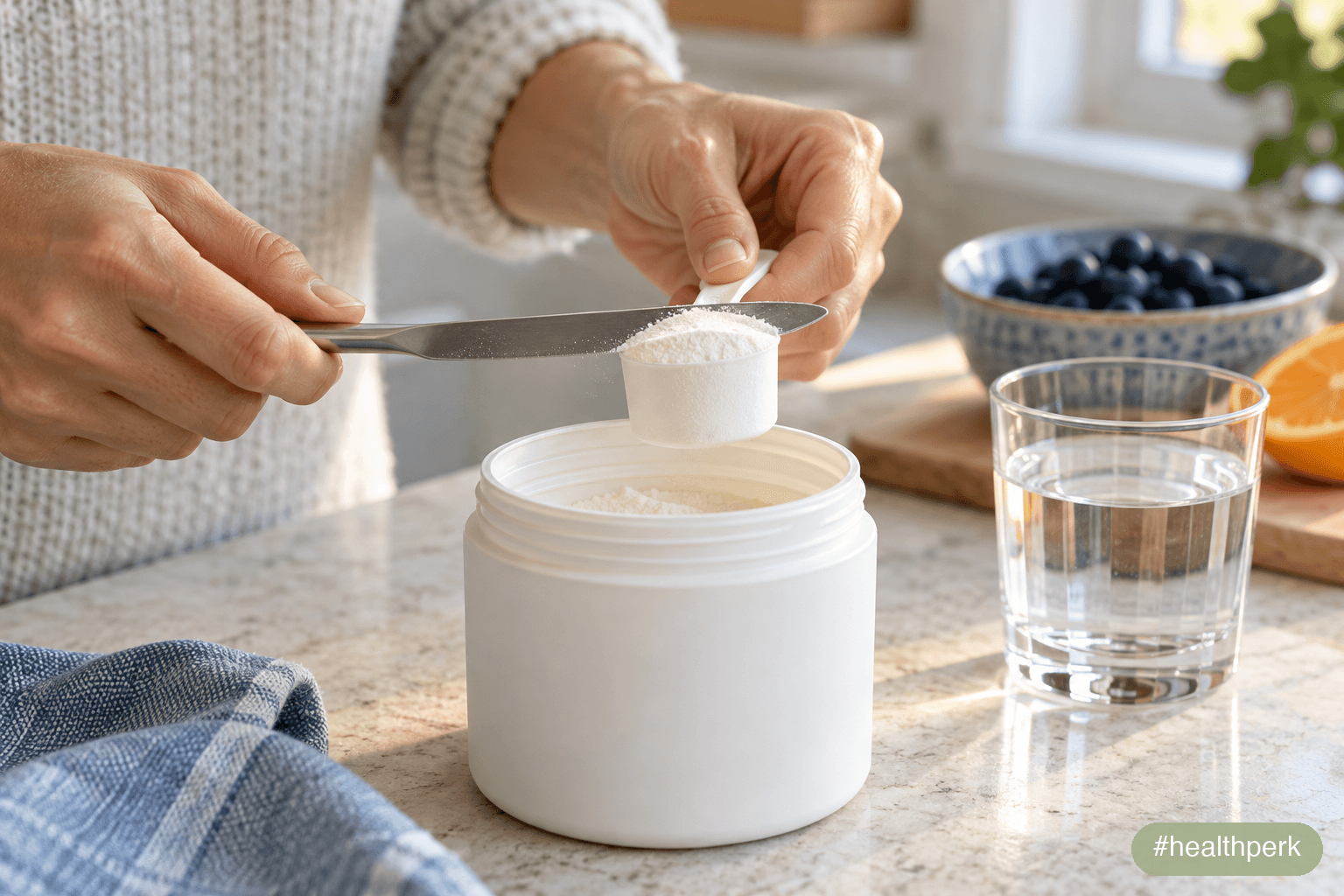 Hands measuring a level scoop of creatine monohydrate powder over a kitchen counter, showing a daily creatine dose for brain and energy