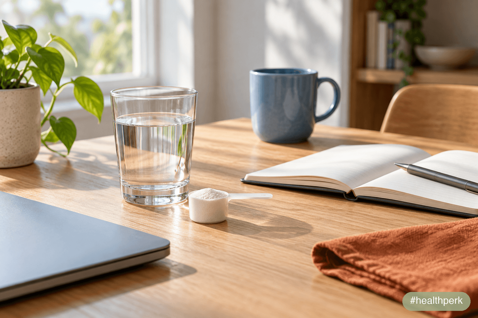 Glass of water with a scoop of creatine monohydrate powder on a desk beside a notebook, illustrating creatine benefits for brain and mental energy