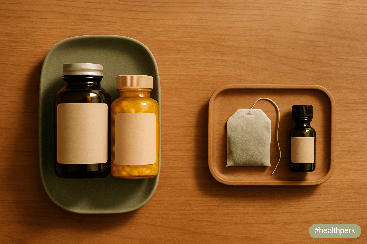 Photo of a desk with two distinct supplement sets — a "daily" set with omega-3 and B-complex, and an "acute" set with a green tea bag and a small bottle of L-theanine — illustrating supplements for me