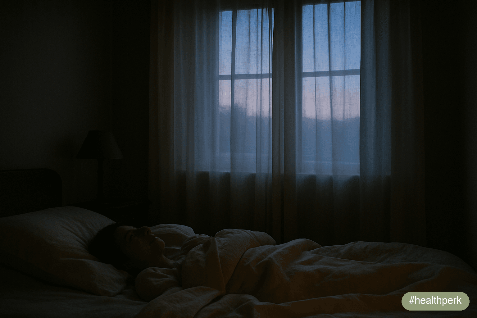 dawn light through a window with a person awake in bed