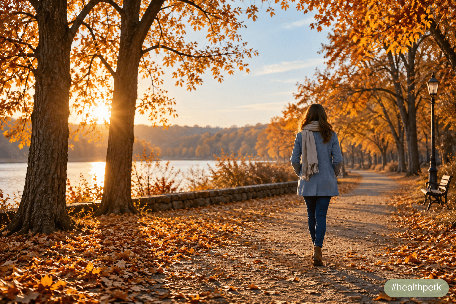 Daylight saving time sleep tip: a woman walking outdoors in golden early-evening autumn light
