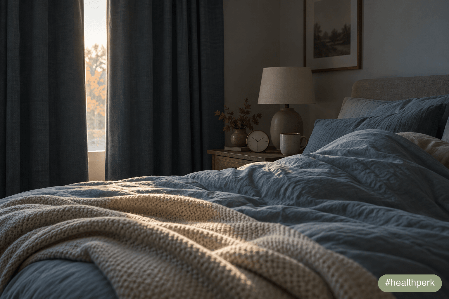 Daylight saving time sleep: a calm bedroom in soft early-morning light with blackout curtains partly open