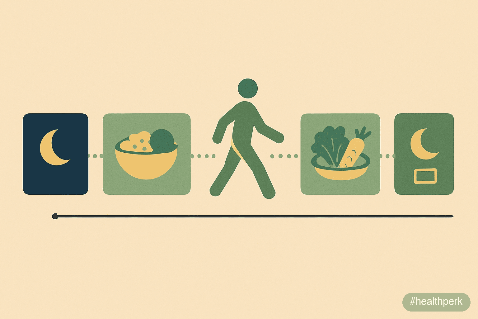 Diagram of a daily timeline with green blocks for sleep window, protein-forward meals, outdoor walk, fiber intake, screen-off period — illustrating lifestyle factors affecting immunity through routine