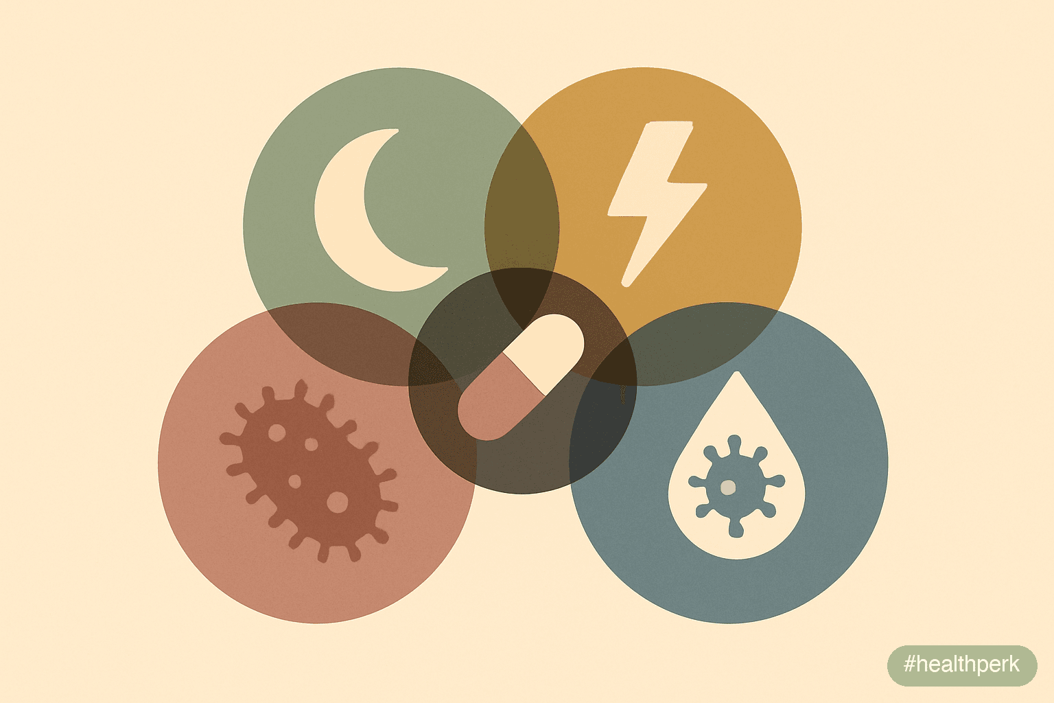 Diagram of overlapping circles labeled sleep debt, chronic stress, micronutrient gaps, gut dysbiosis, pathogen exposure — illustrating low immunity causes adults as overlapping rather than isolated dr