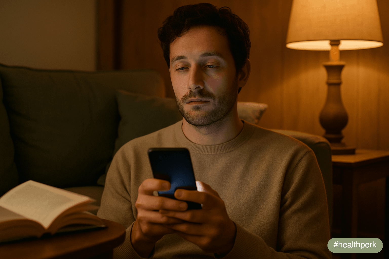Photo of an adult holding a smartphone with multiple social and messaging app icons visible, a partially read book nearby ignored, soft lamp light — illustrating difficulty concentrating adults in the