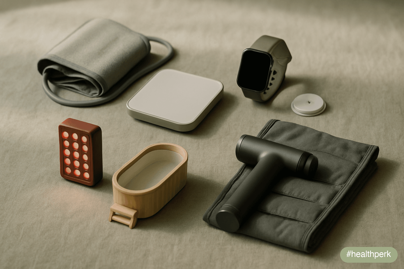 Eight small health and recovery objects arranged in four natural groups on a linen surface — a blood pressure cuff and body composition scale together, a smartwatch and CGM sensor together, a small LE
