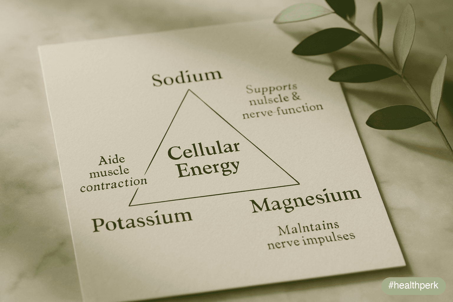 Triangle diagram with sodium, potassium, and magnesium at the corners, central node "Cellular Energy," and surrounding callouts explaining how each electrolyte contributes to muscle and nerve function — illustrating electrolyte imbalance fatigue.