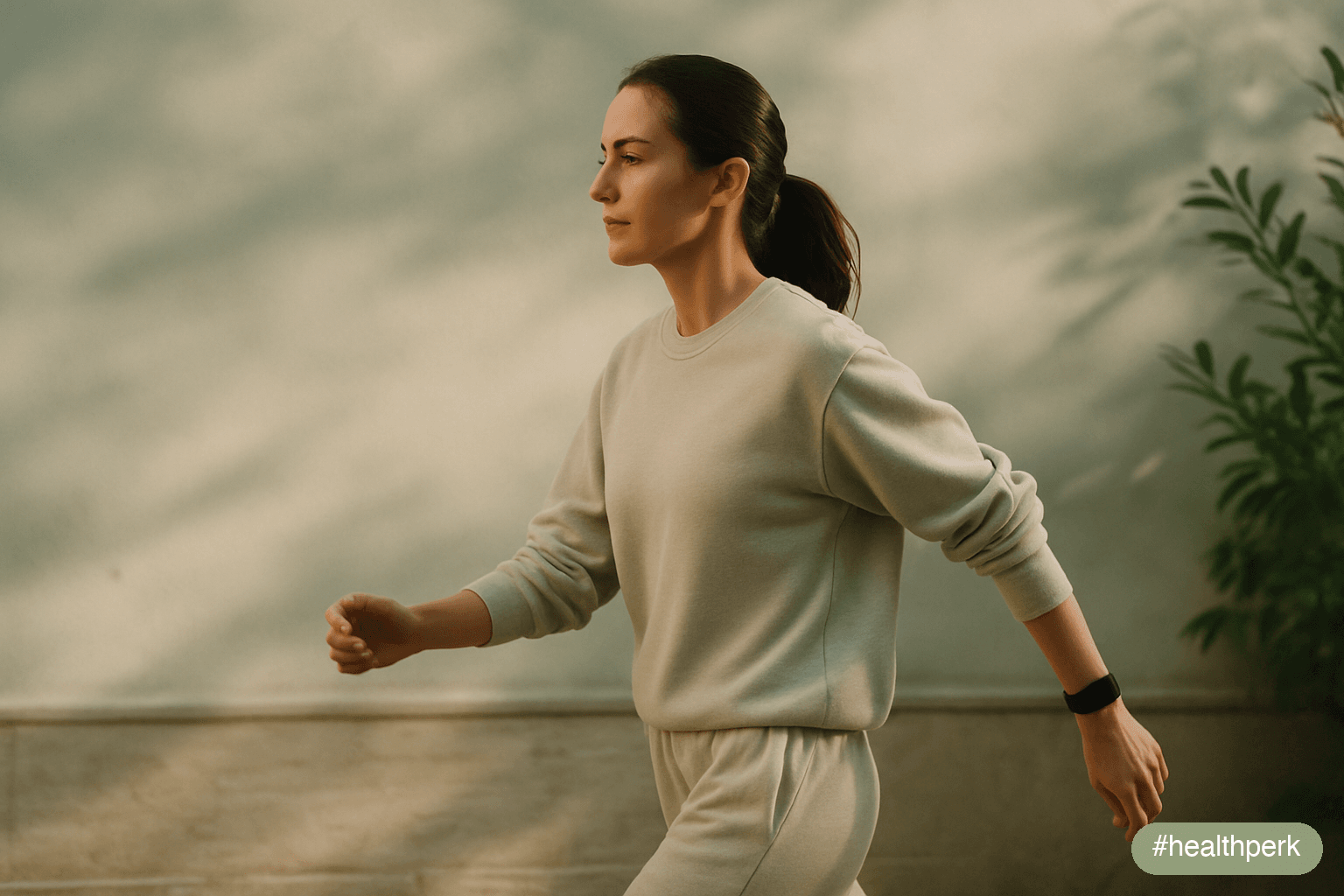 Wide horizontal photo of an adult walking briskly outdoors in early-morning natural light, no coffee in hand, looking alert and focused — illustrating how to boost energy naturally without caffeine through circadian and movement levers.