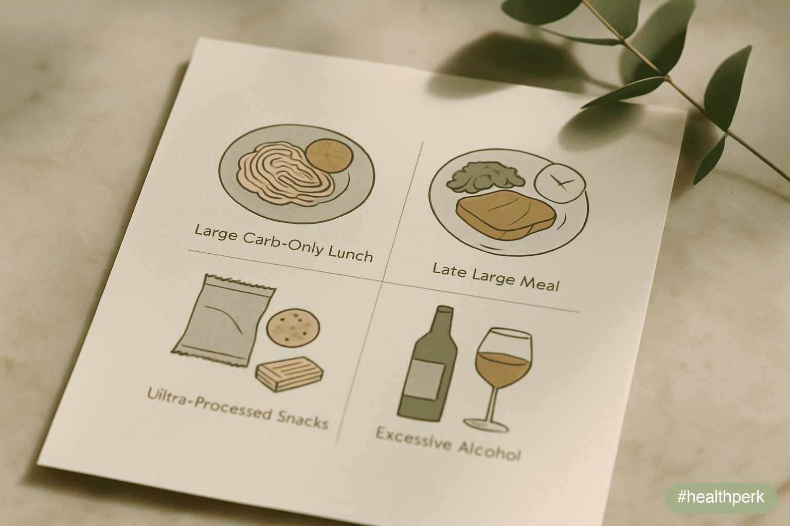 Schematic showing four common drainers: large carb-only lunch, late large meal, ultra-processed snacks, excessive alcohol — illustrating foods and patterns that drain energy.