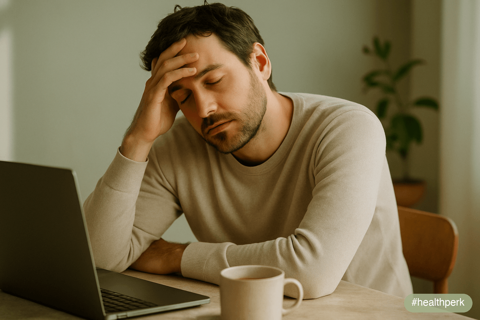 Wide horizontal photo of an adult slumped at a desk in mid-afternoon natural light, eyes closed, hand on forehead, half-finished coffee and laptop visible — illustrating the experience of being tired during the day despite a normal night's sleep.