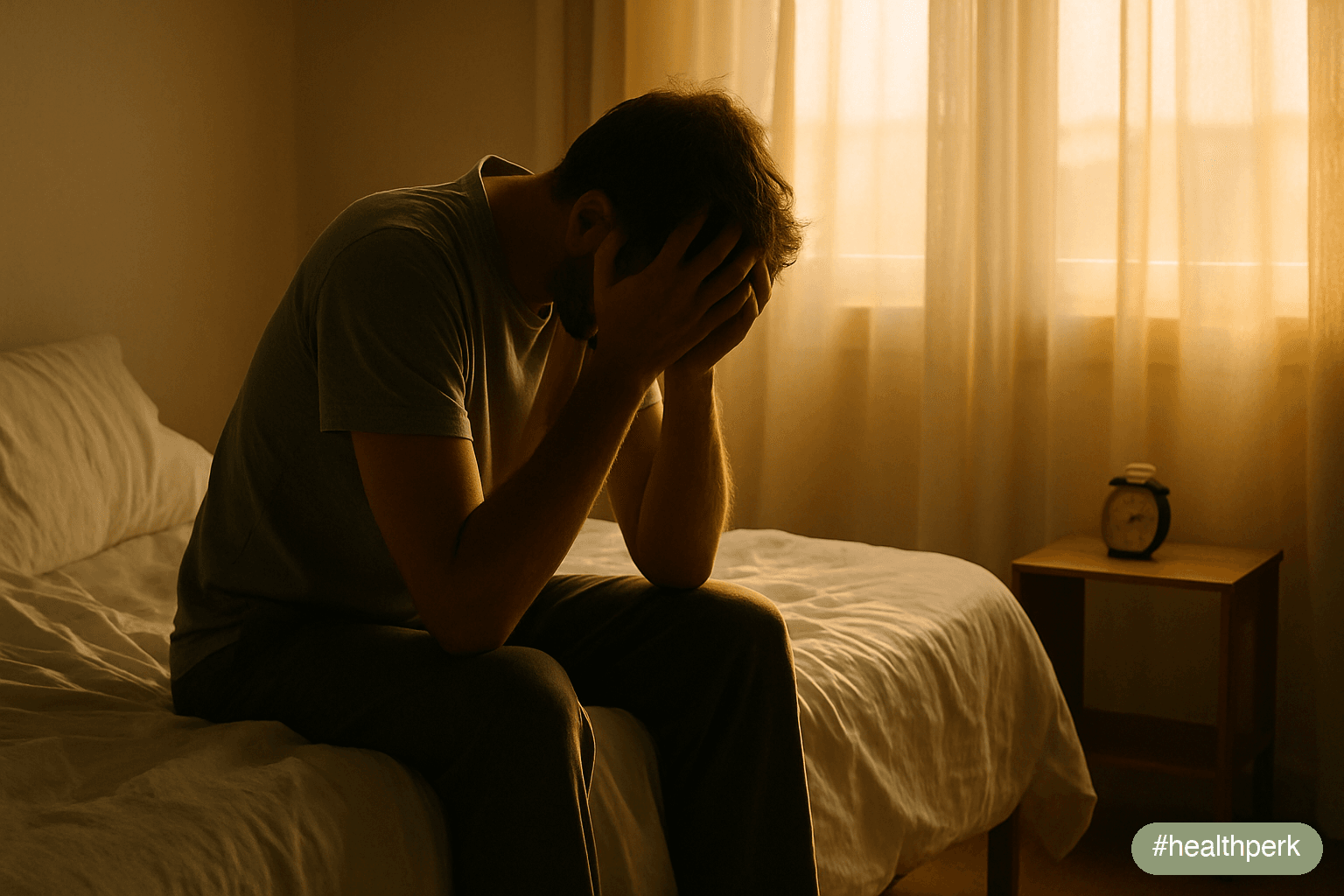 hero — exhausted adult sitting on the edge of a bed at sunrise