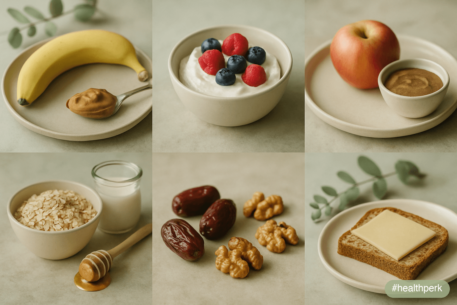 Photo grid of six fast-energy pairings: banana with peanut butter, Greek yogurt with berries, apple with almond butter, oats with milk and honey, dates with walnuts, whole-grain toast with cheese — illustrating foods that increase energy fast.