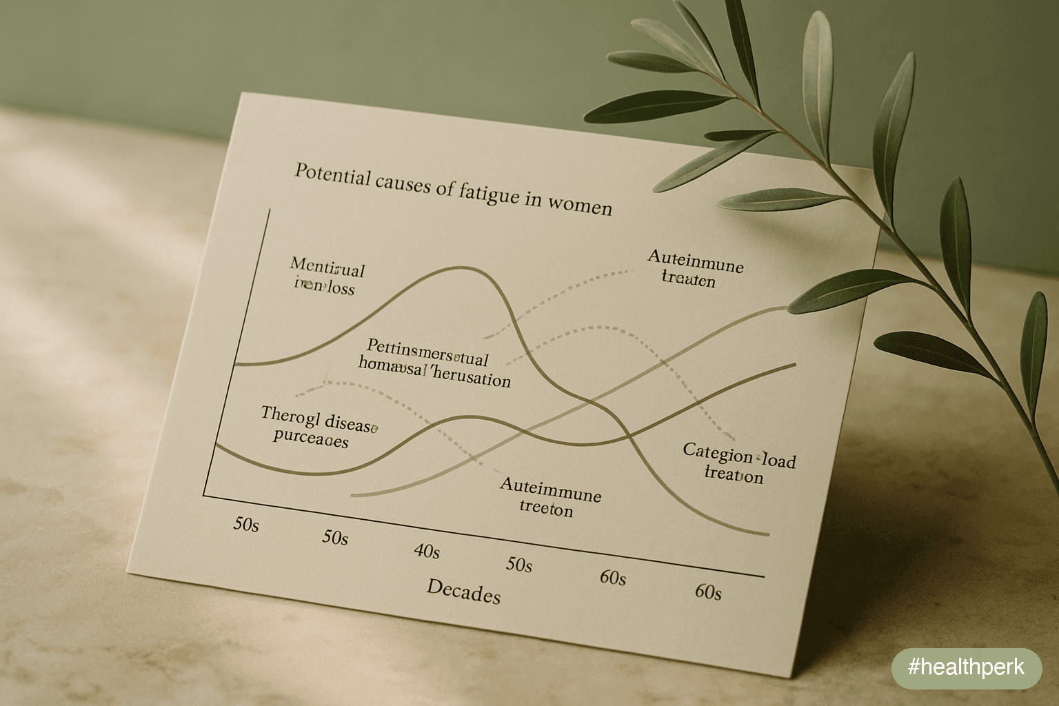 Layered infographic showing menstrual iron loss, perimenopausal hormonal fluctuation, thyroid disease prevalence, autoimmune burden, and caregiver-load timeline across decades — illustrating fatigue causes in women across the lifespan.