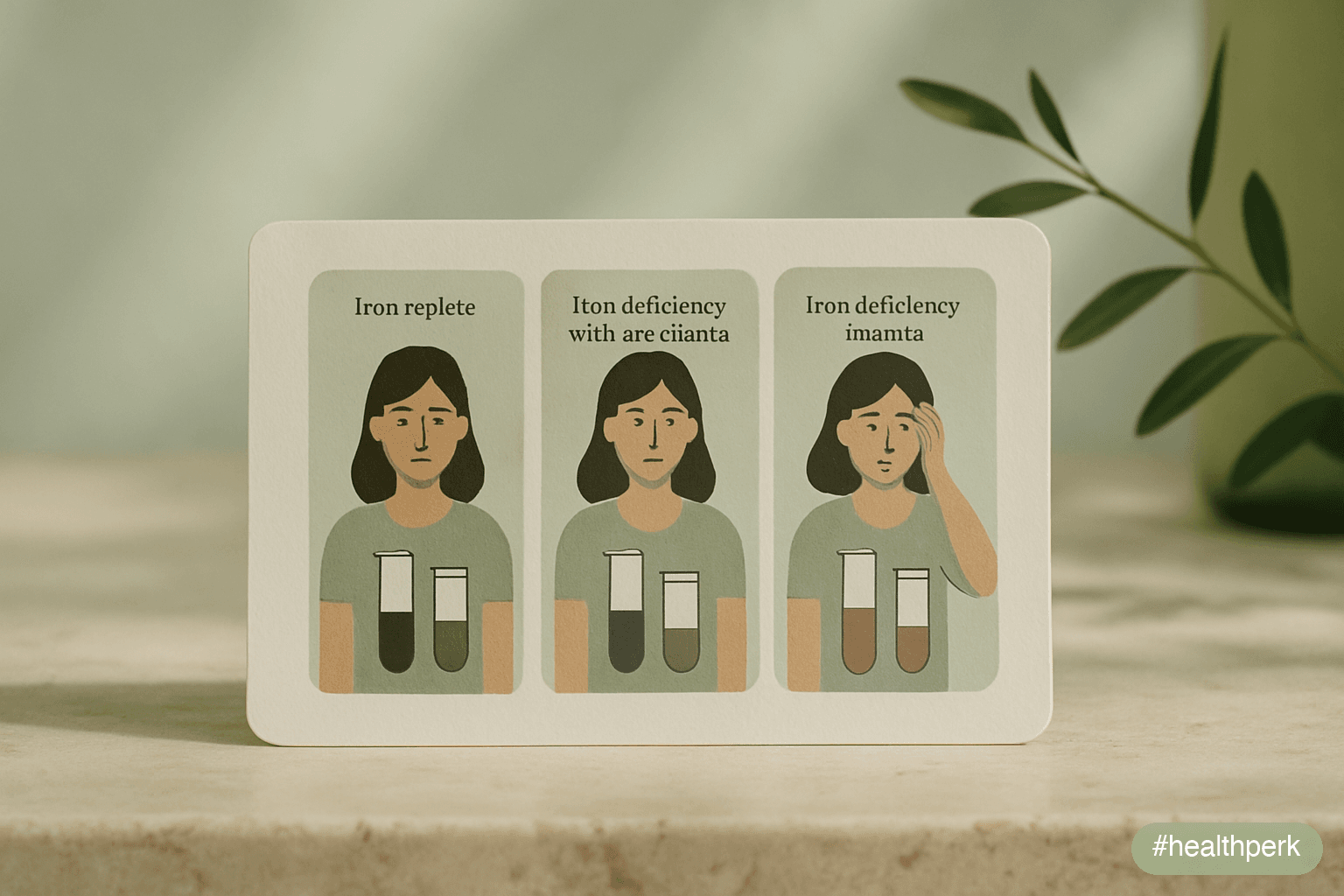 Three-panel illustration showing stages: (1) iron-replete (ferritin >50 ng/mL, normal Hb), (2) iron deficiency without anemia (ferritin <30 ng/mL, normal Hb, symptoms present), (3) iron deficiency anemia (ferritin <15 ng/mL, low Hb, full symptom picture) — illustrating why iron deficiency fatigue symptoms appear before hemoglobin drops.