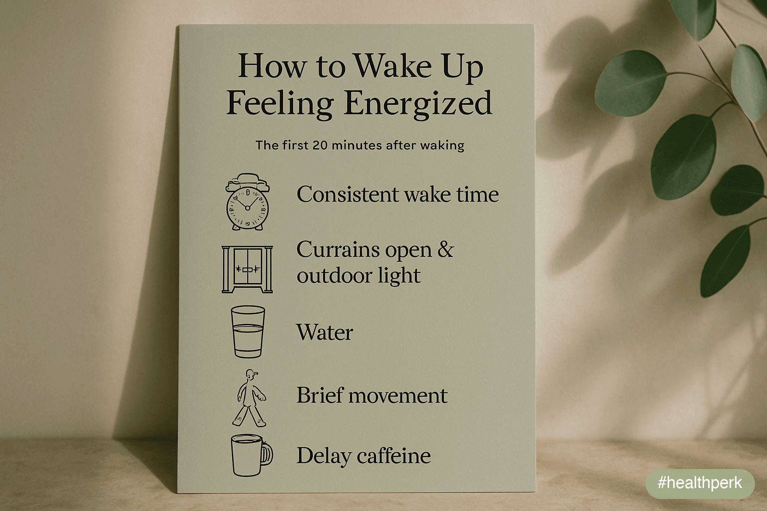 Vertical infographic showing five steps in the first 20 minutes after waking: (1) consistent wake time, (2) curtains open / outdoor light, (3) water, (4) brief movement, (5) delay caffeine — illustrating how to wake up feeling energized.