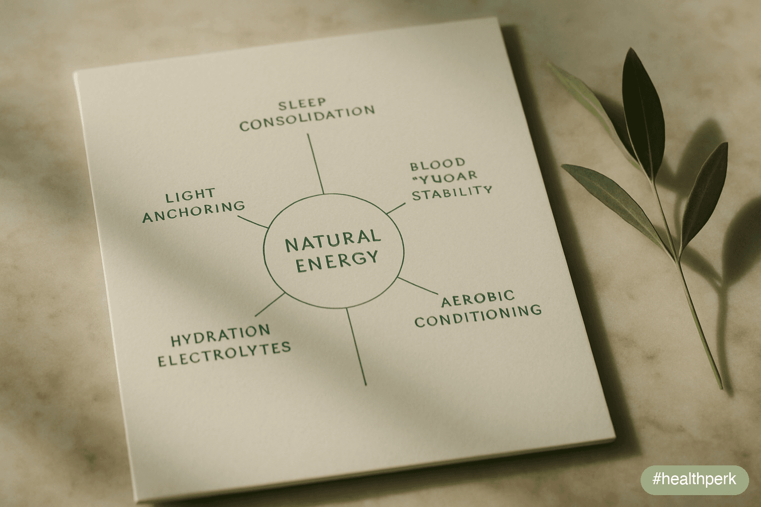 Hub-and-spoke diagram with central "Natural Energy" node and five spokes labeled Sleep Consolidation, Light Anchoring, Blood-Sugar Stability, Aerobic Conditioning, Hydration & Electrolytes — illustrating how to increase energy levels naturally.