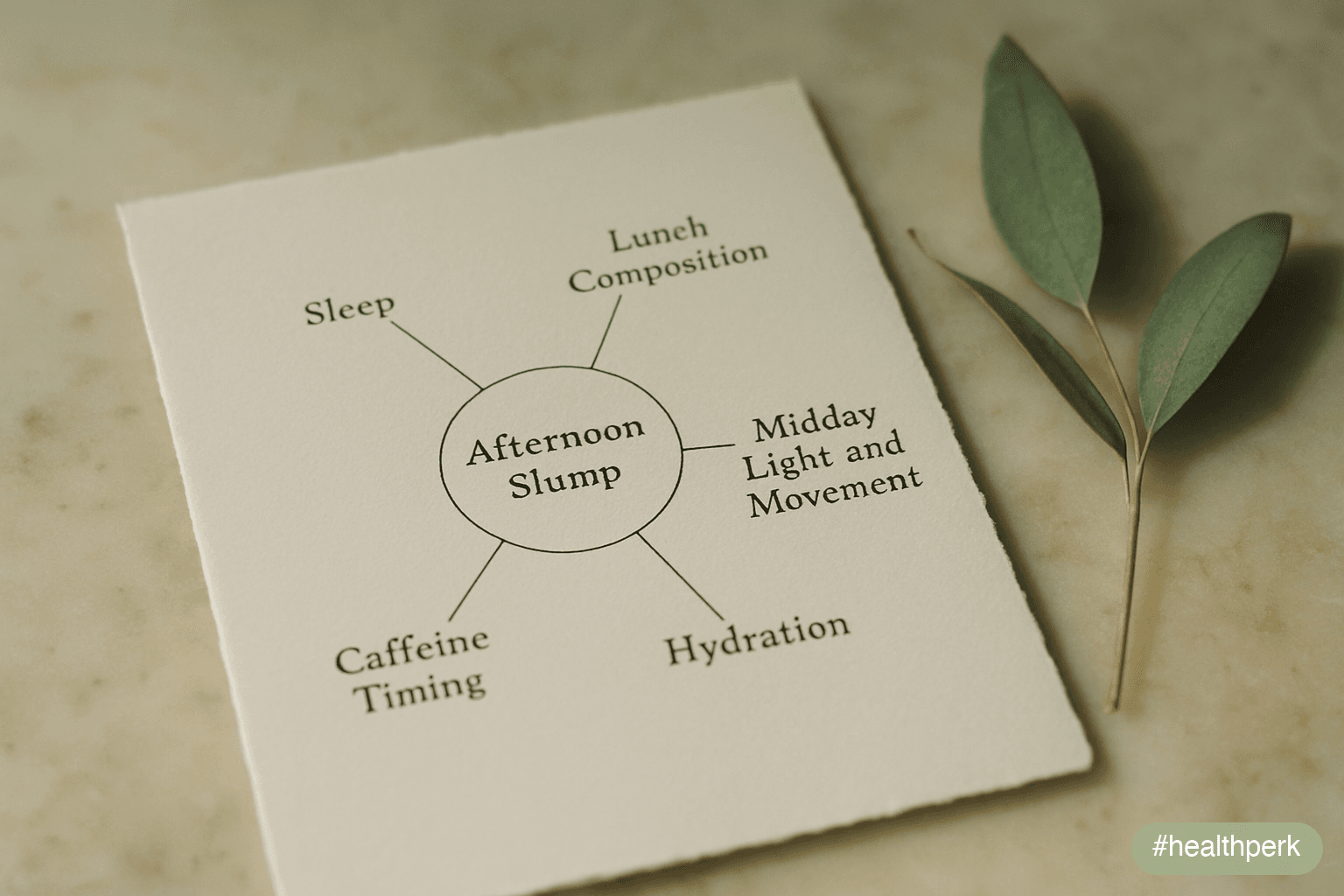 Hub-and-spoke diagram with central "No Afternoon Slump" node and five spokes labeled Sleep, Lunch Composition, Midday Light & Movement, Hydration, Caffeine Timing — illustrating how to avoid the afternoon slump on a recurring basis.