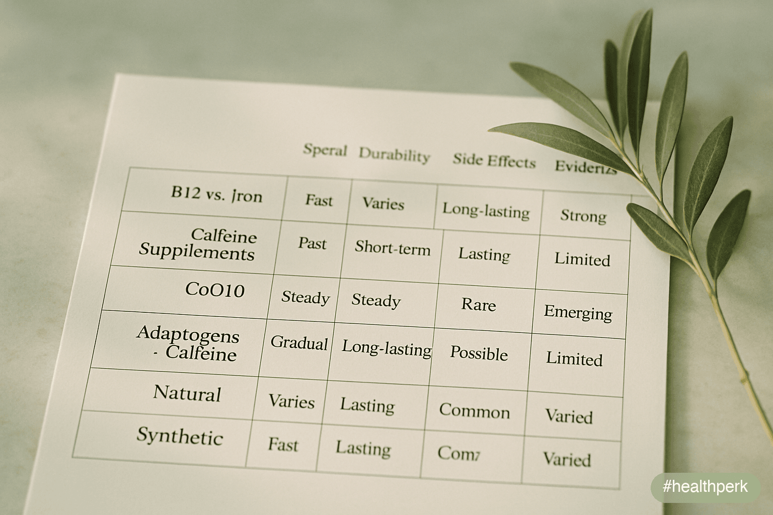 Five-row table comparing B12 vs iron, caffeine vs natural supplements, CoQ10 vs B12, adaptogens vs caffeine, natural vs synthetic — with criteria of speed, durability, side effects, evidence — illustrating head-to-head comparisons.