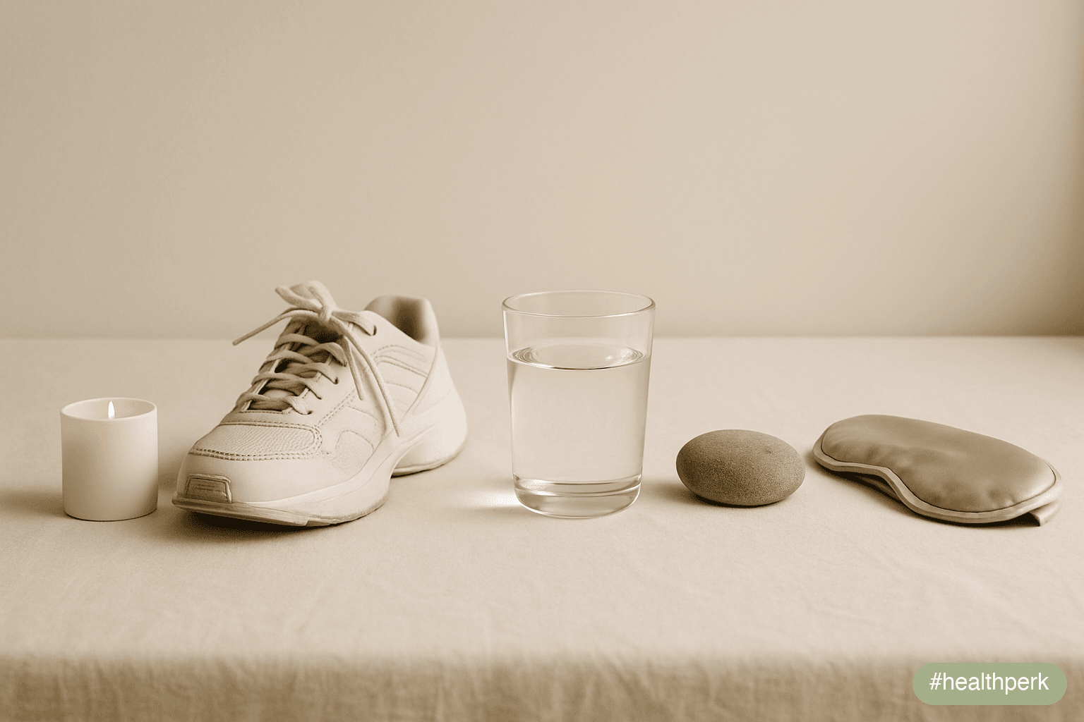 Five small everyday objects arranged in a simple row on a linen surface — a small candle, a pair of worn walking shoes, a glass of water, a smooth stone, and a sleep mask — each object standing for a