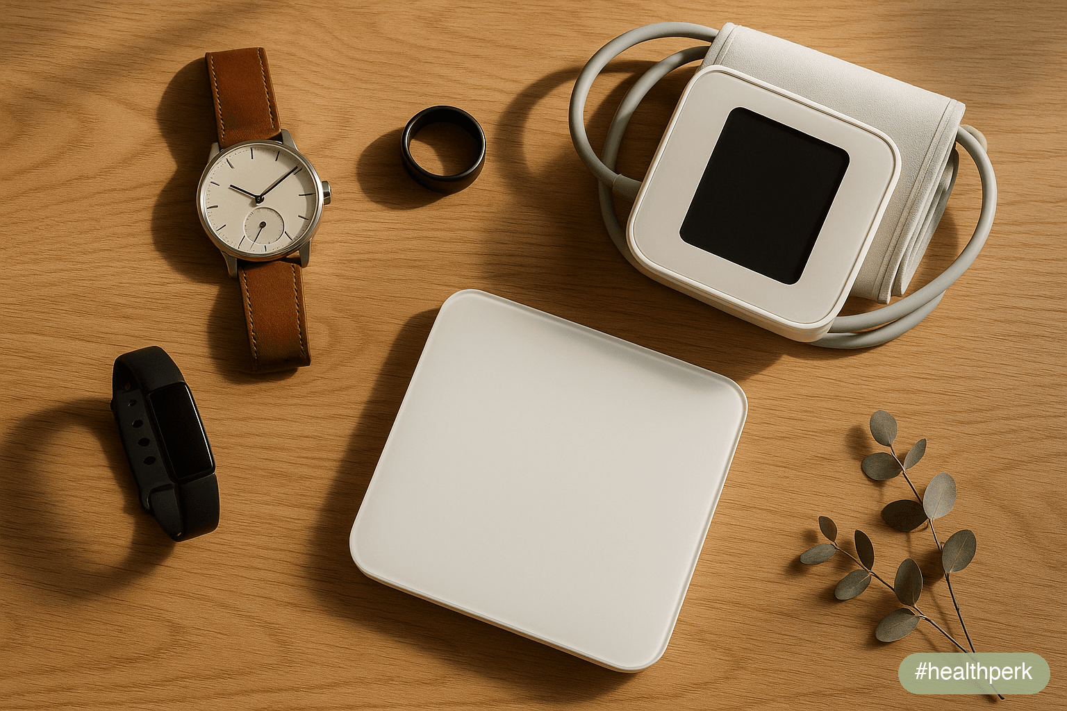 Flat-lay photo of five popular health devices on a wooden desk: a smartwatch, smart ring, blood pressure cuff, smart scale, and fitness tracker, with a potted plant in the background