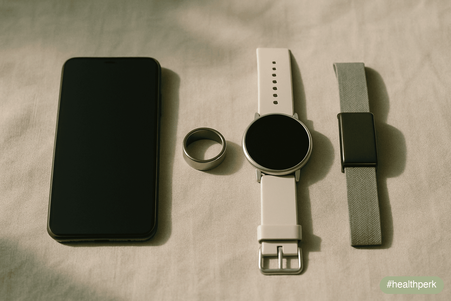 Photo of a phone on a bedside surface, its screen showing four soft circular shapes arranged in a small cluster on a warm background — no readable labels or app names — beside a smart ring on a small