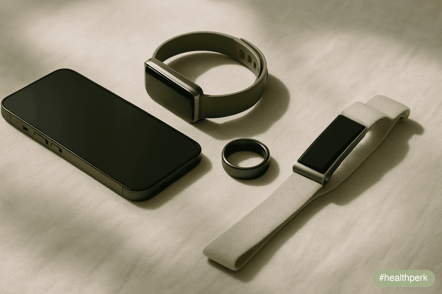 Flat-lay of four sleep-tracking form factors arranged on a pale linen surface — a phone, a slim watch, a slender ring, a lightweight band — each resting at a natural angle, no screens lit, no visible