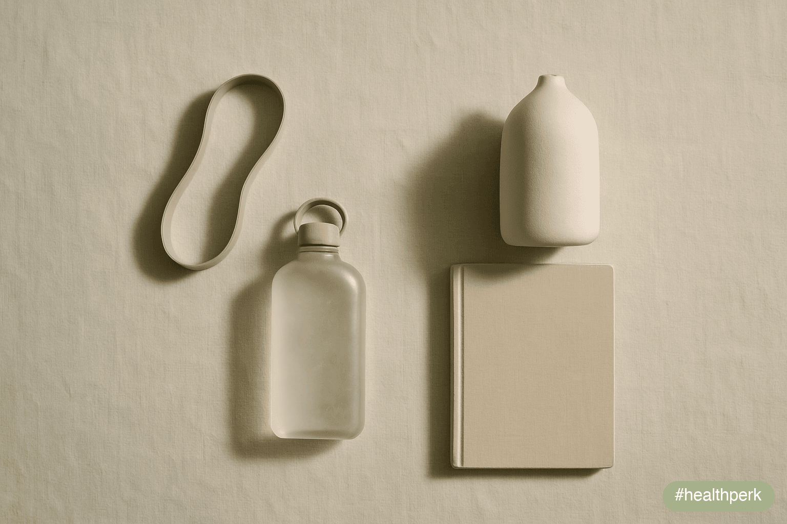 Flat-lay of two groups of small objects on a linen surface — sports-adjacent items (a resistance band, a small water bottle) on one side, wellness-adjacent items (a ceramic diffuser, a journal) on the