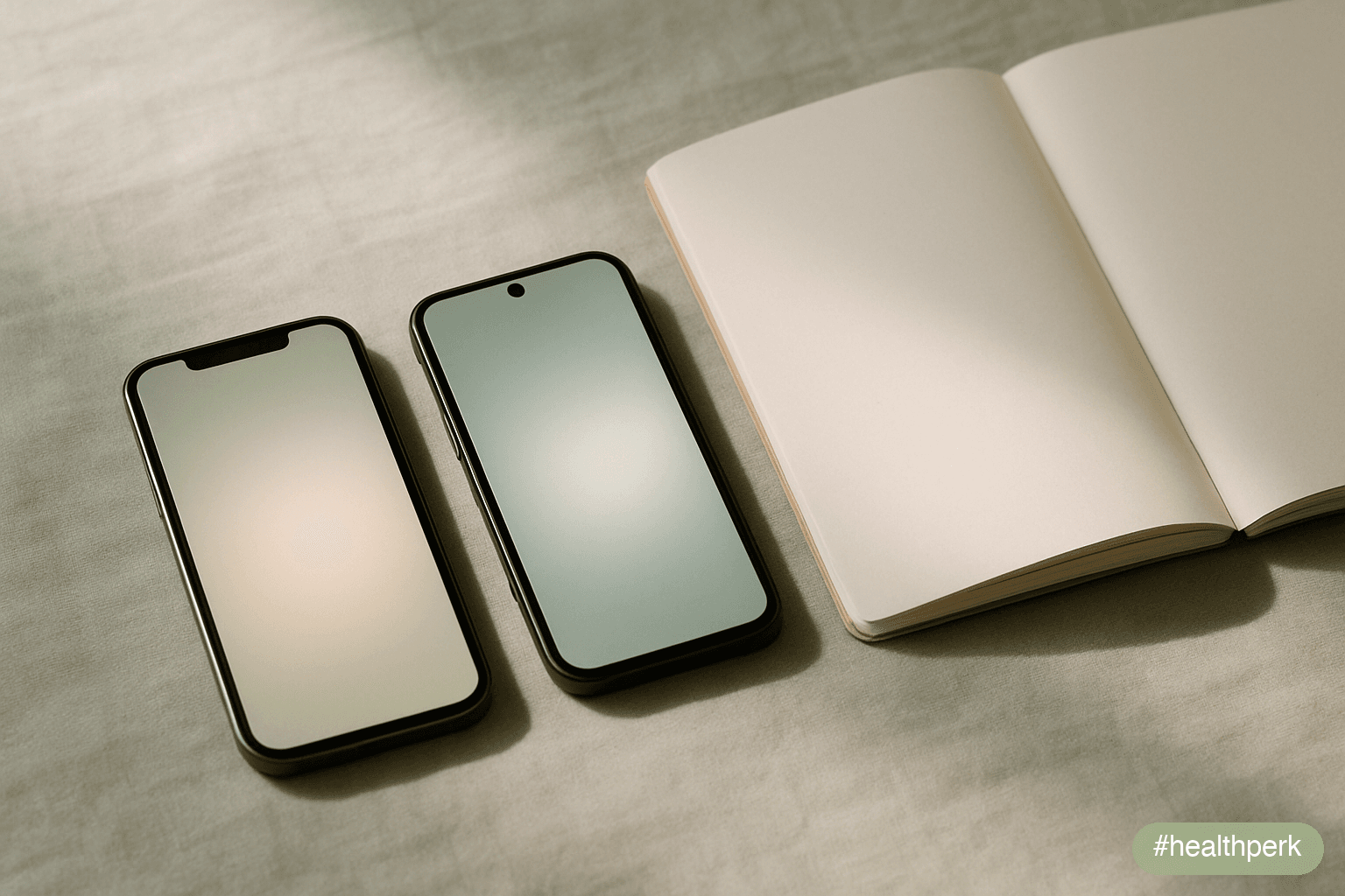 Flat-lay of two phones side by side on a linen surface, each screen showing a soft abstract glow — no visible UI, labels, or text — beside a plain notebook open to a blank page, suggesting a considere