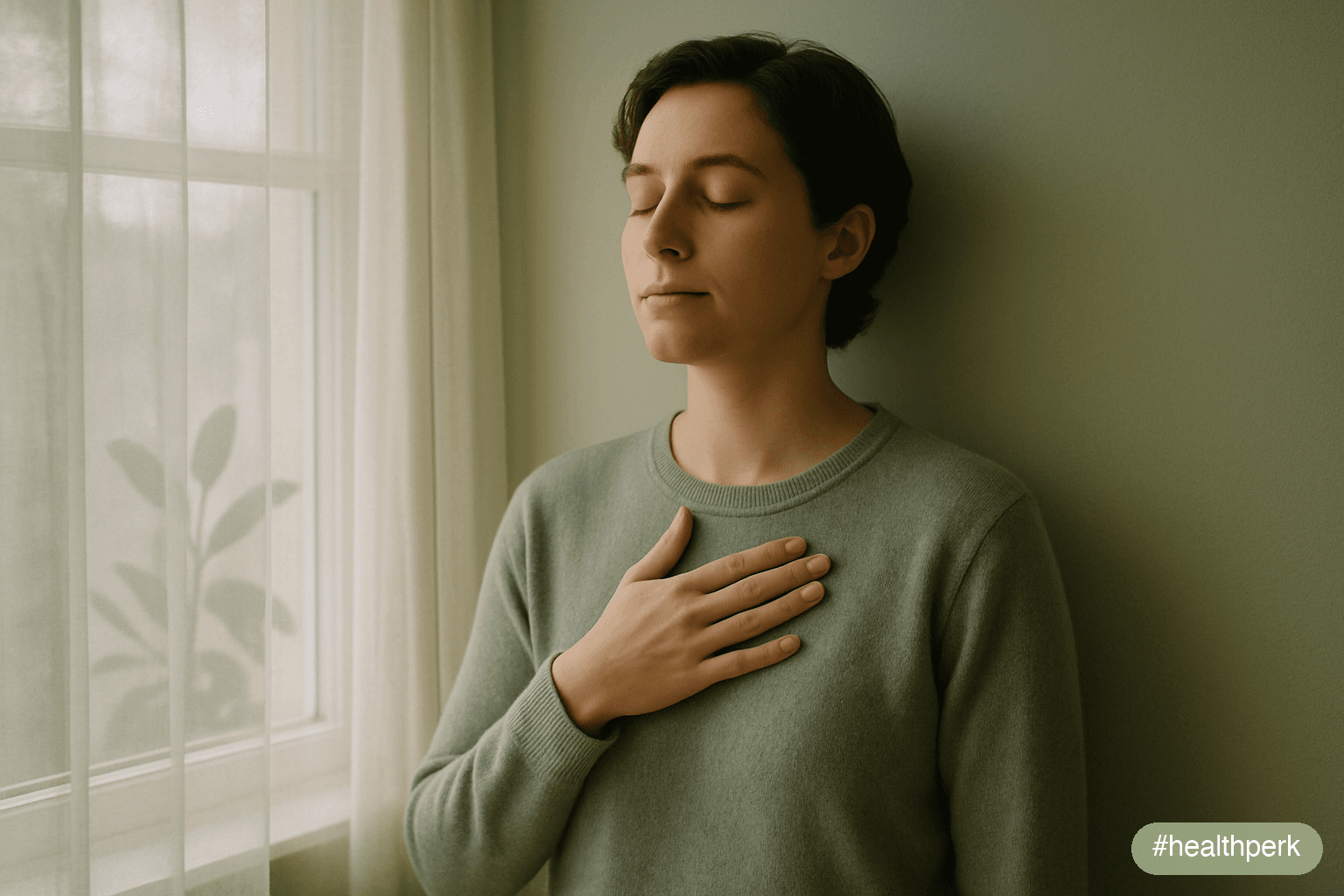 Photo of a person with hand on chest, eyes softly closed, doing slow nasal breathing at a window — illustrating how to focus with anxiety through autonomic regulation rather than cognitive force