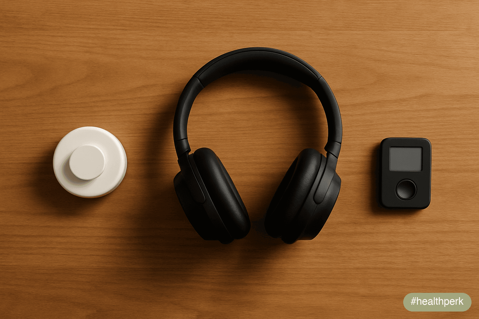 Photo of three desk items — a basic kitchen timer, a pair of noise-isolating headphones, and a single-purpose focus device with a button — laid on a wood surface, illustrating devices to improve focus