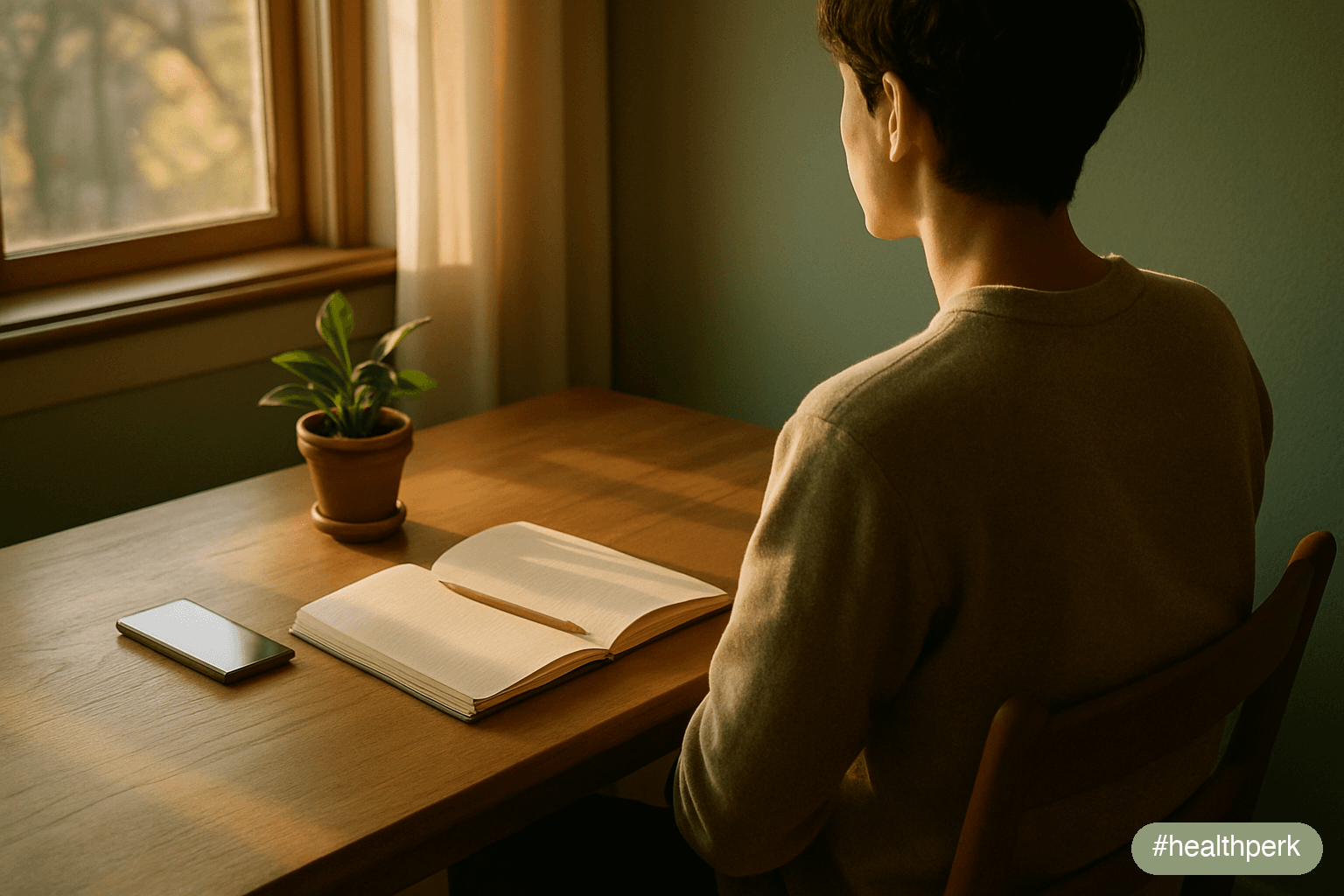 Photo of a person at a sunlit desk in early morning, journal open with a single task written, phone face-down at arm's length, plant nearby — illustrating how to improve focus naturally through enviro