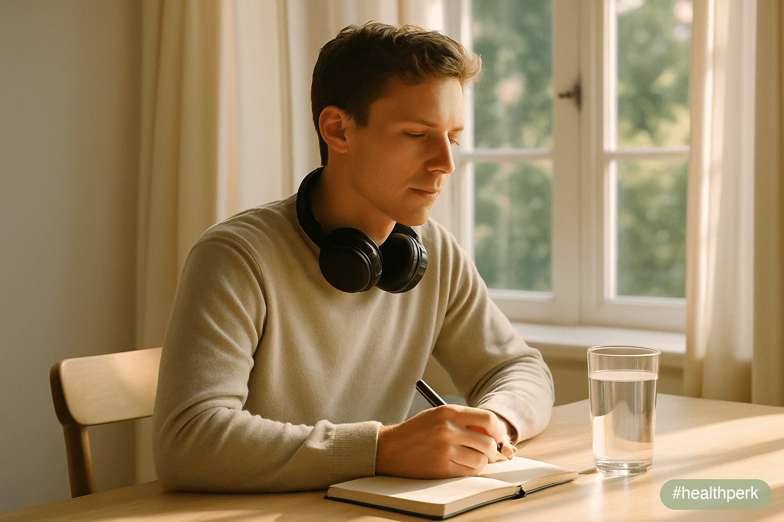 Illustration of a person at a tidy desk with a glass of water, a window with morning light, a short walk path icon, and a pair of headphones playing focus music, illustrating how to improve focus with