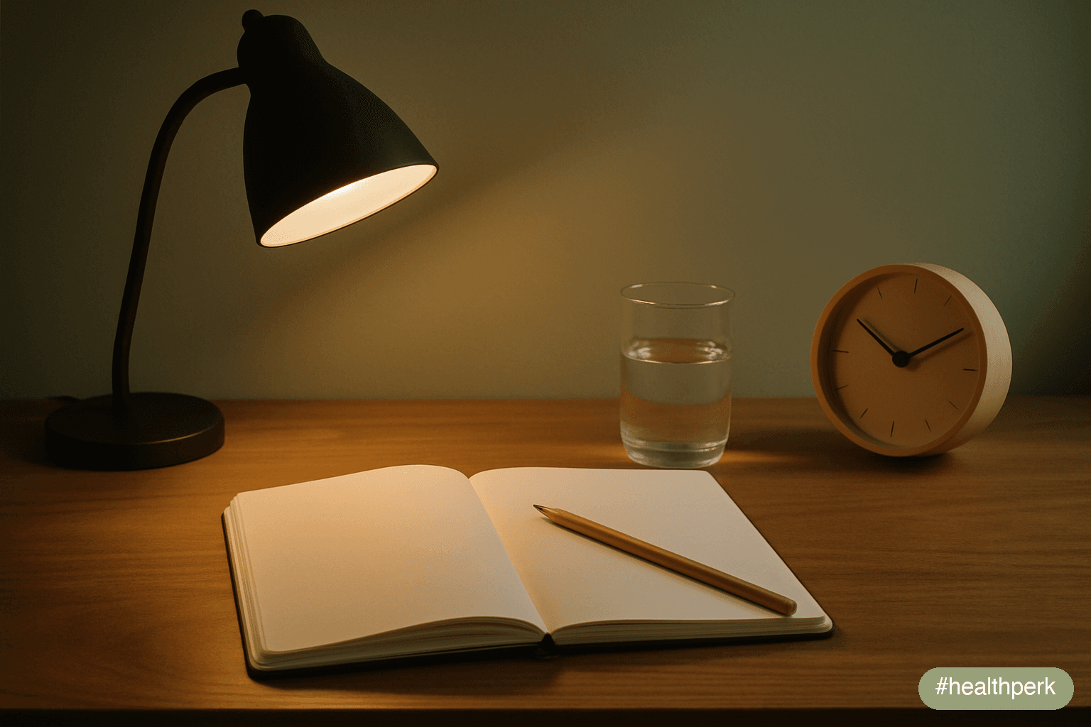Photo of a desk with a paper notebook, a glass of water, and an analog clock — no pill bottles or supplements visible — illustrating how to improve focus without medication through structural and beha